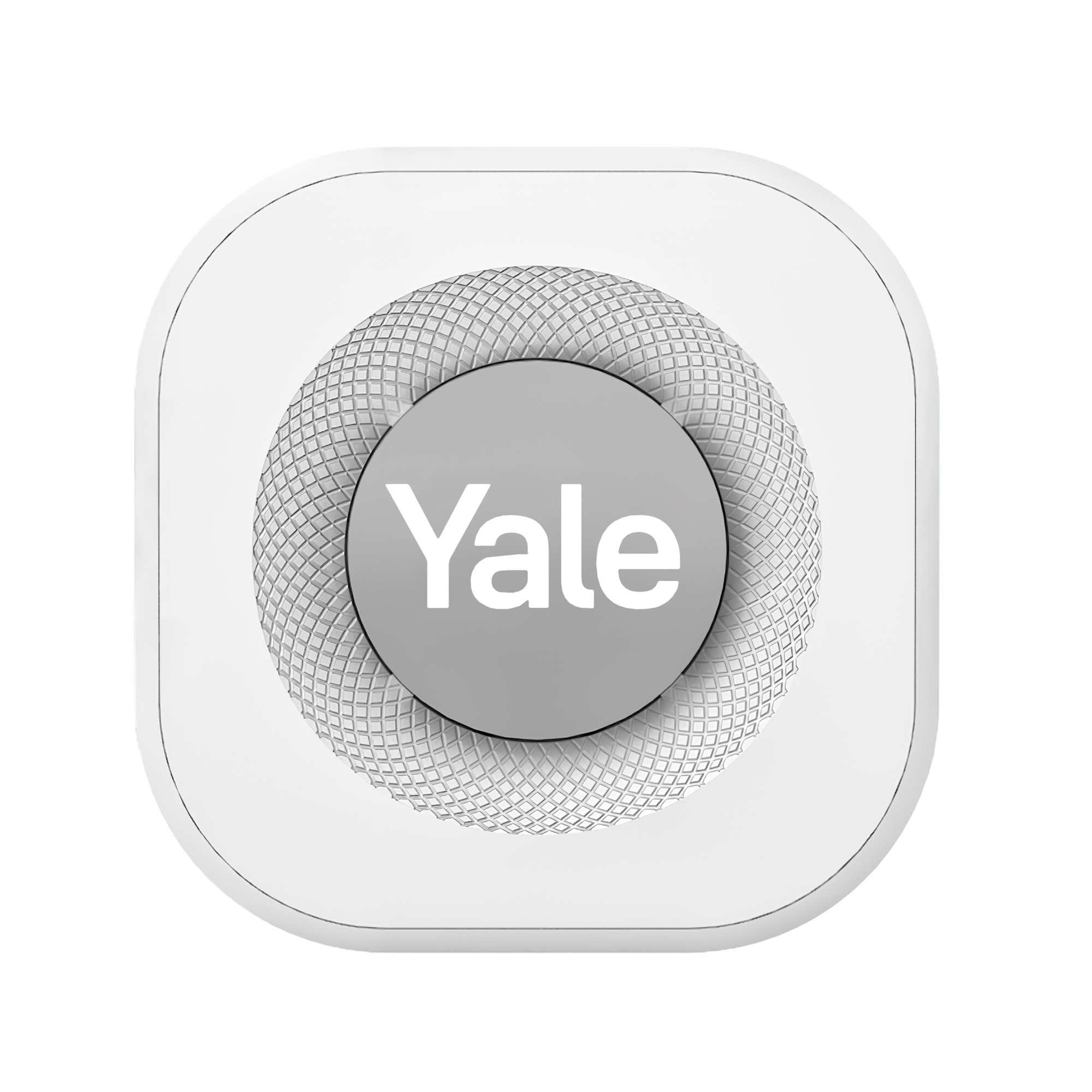 Un dispositivo bianco con un cerchio grigio che mostra 'Yale', circondato da un anello testurizzato.