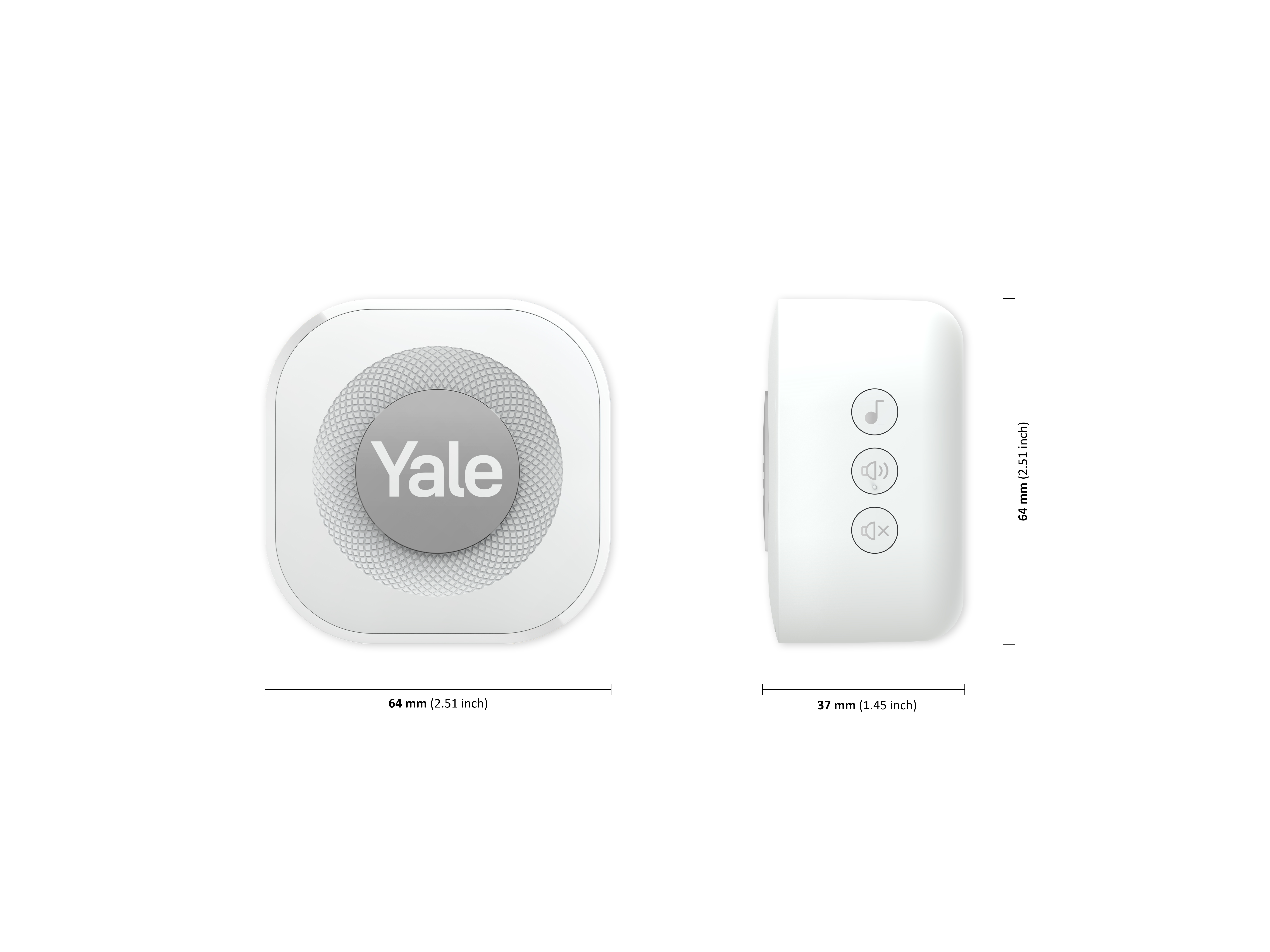 Dispositivo Yale bianco mostrato frontalmente e lateralmente. Dimensioni: 64x64mm e 37mm profondità.