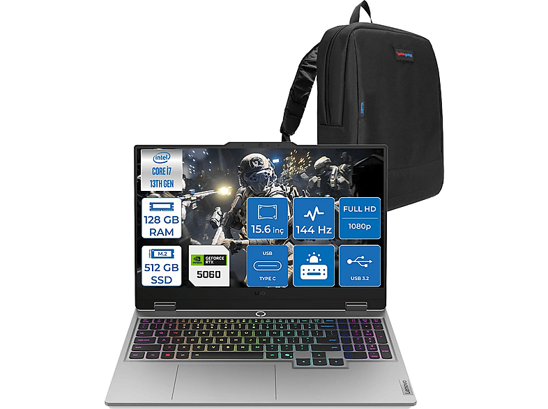 LENOVO LOQ 15IRX10 RTX5060 8GB 100W 144Hz 83JE00J5TRF49 Intel® Core™ i7-13650HX 128 GB RAM 512 GB SSD 15,6 inç FreeDOS Laptop+Çanta Gri