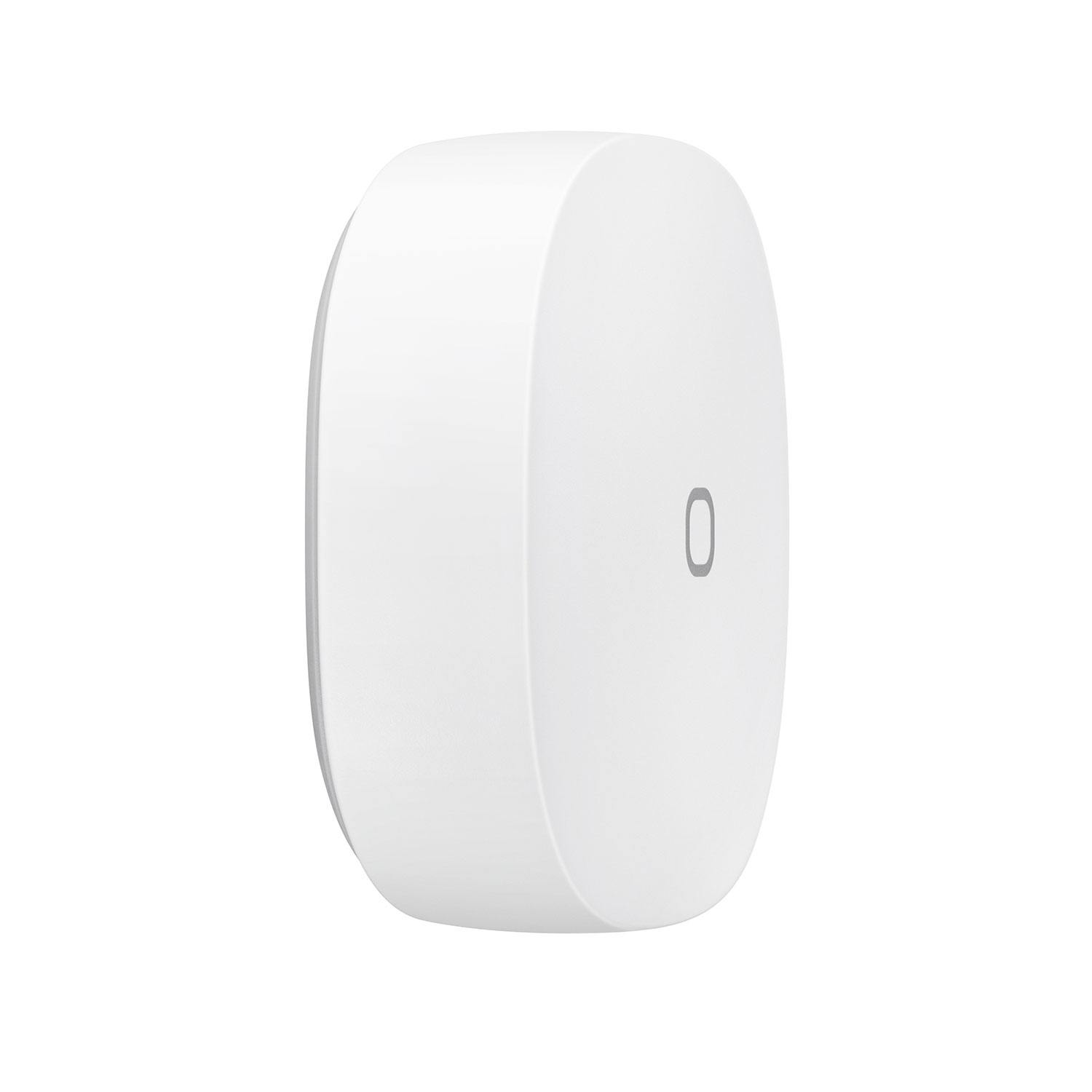 Ein weißer, ovaler Sensor mit einem grauen Symbol in der Mitte auf weißem Hintergrund.