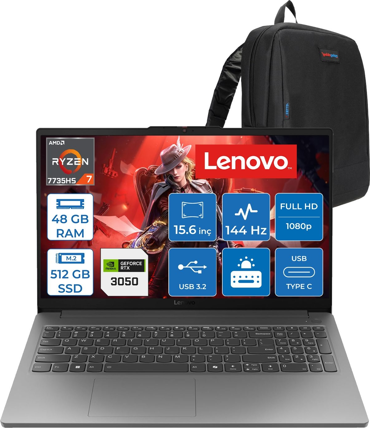 Siyah sırt çantalı gri Lenovo dizüstü bilgisayar. Özellikler: Ryzen 7, 48GB RAM, 512GB SSD, 15.6 inç, 144Hz.