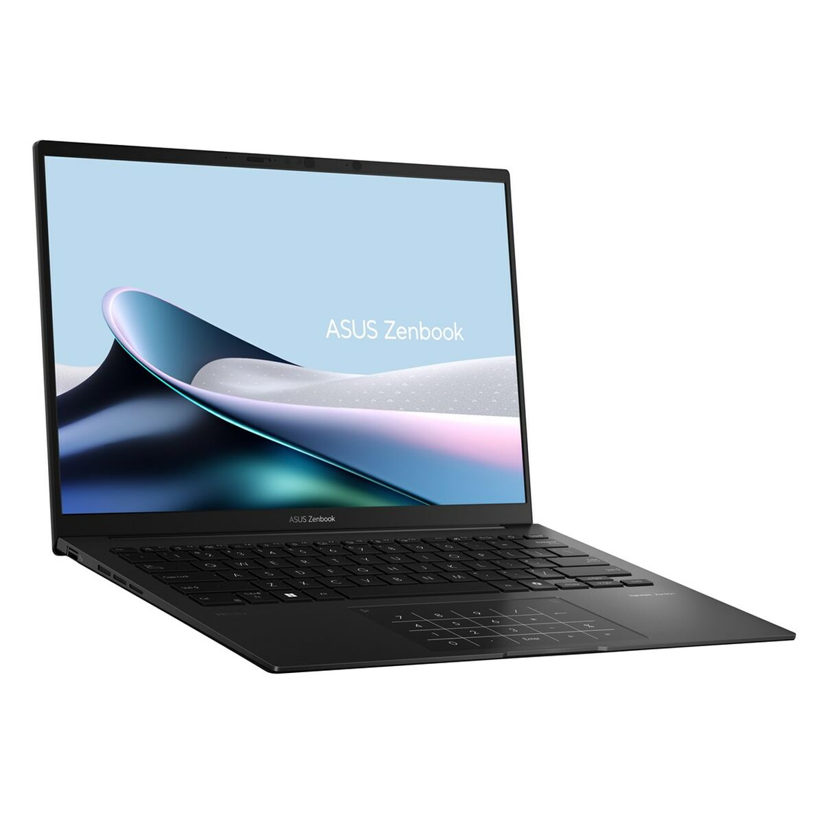 Czarny laptop Asus Zenbook z podświetlaną klawiaturą i touchpadem.