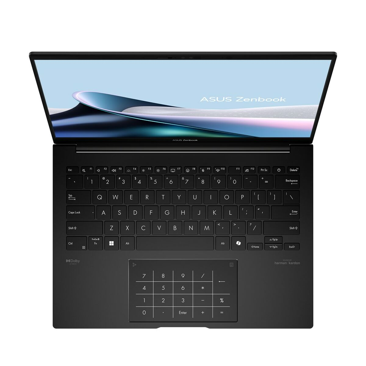 Czarny laptop ASUS Zenbook z otwartym ekranem, wyświetlającym abstrakcyjny obraz.
