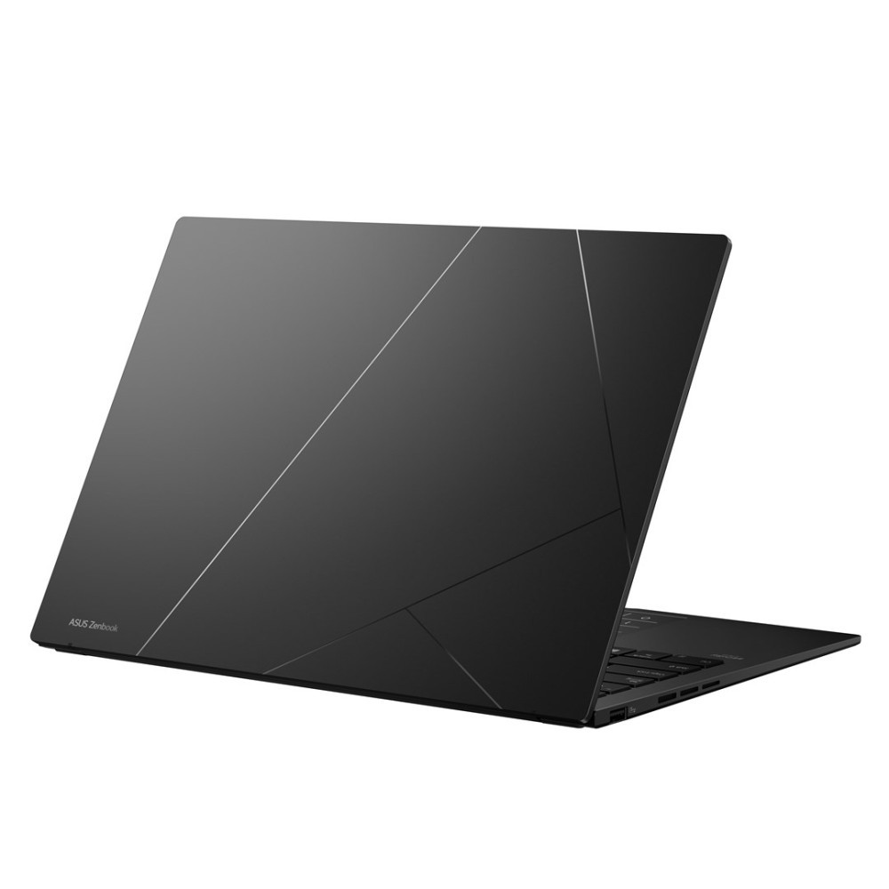 Zamknięty, ciemny laptop z geometrycznymi liniami na pokrywie.