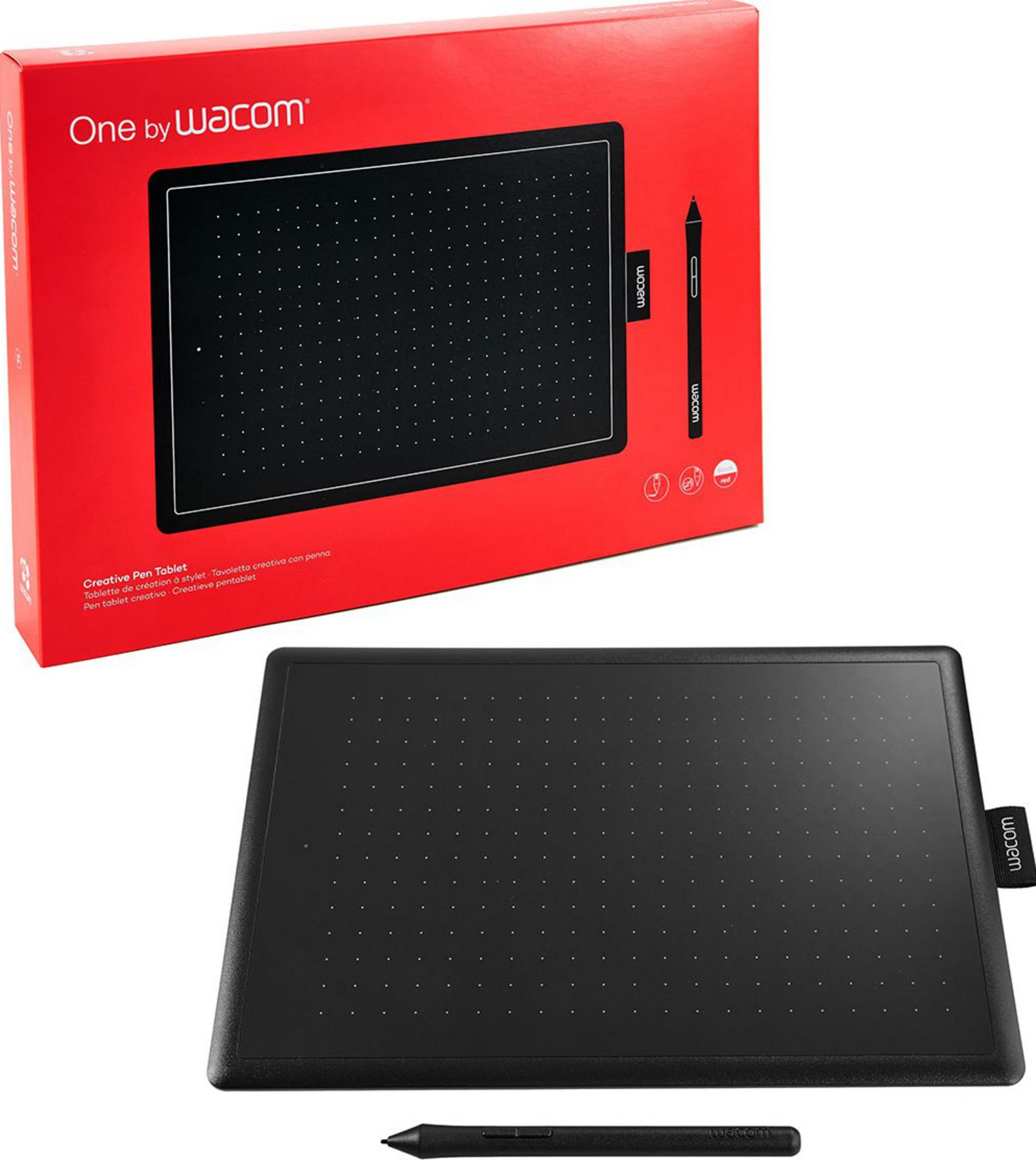 Ein schwarzes Grafiktablett mit Stift und roter Verpackung von Wacom.