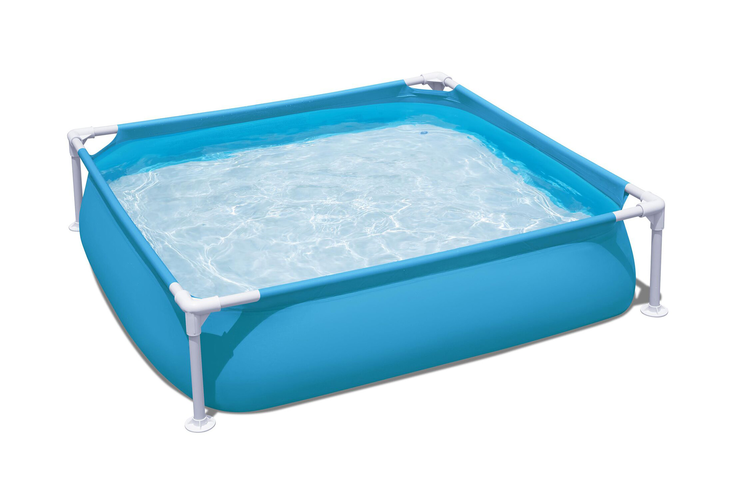 Prostokątny niebieski basenik z białym stelażem i czystą wodą.