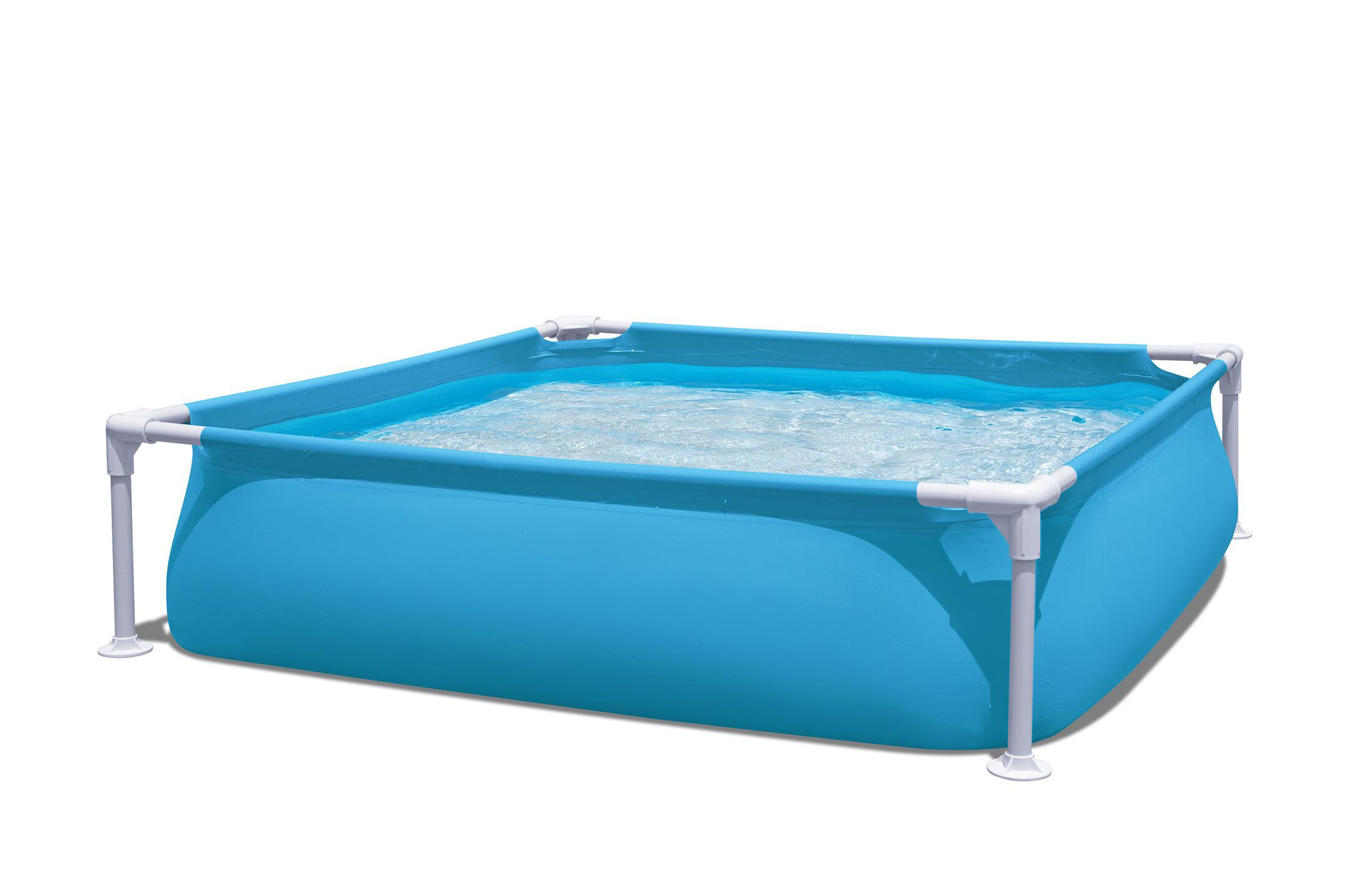 Mały niebieski prostokątny basenik dla dzieci z białym stelażem i wodą.