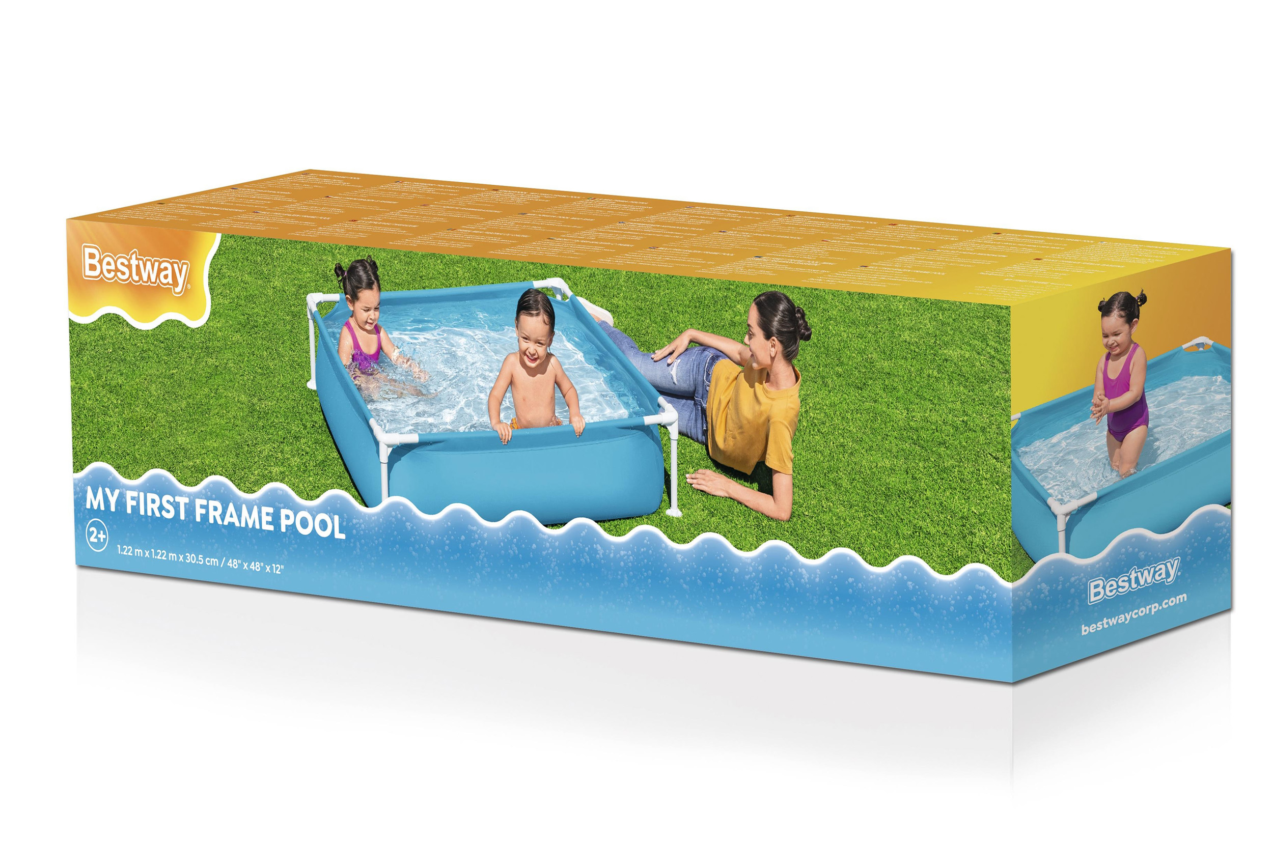 Opakowanie basenu Bestway: Dzieci pluskają się w basenie, kobieta leży obok, na trawie.