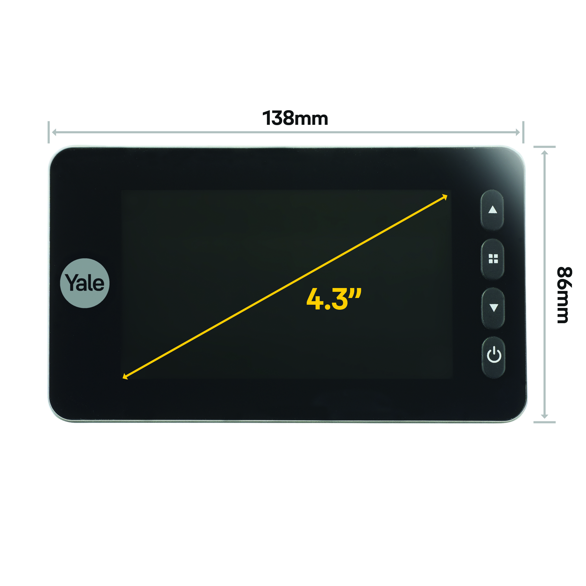 Dispositivo Yale nero con schermo da 4,3 pollici, misura 138x86mm.