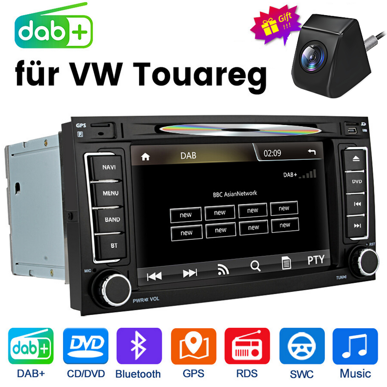 Autoradio mit DAB+, Touchscreen, GPS, DVD-Player und Rückfahrkamera für VW Touareg.