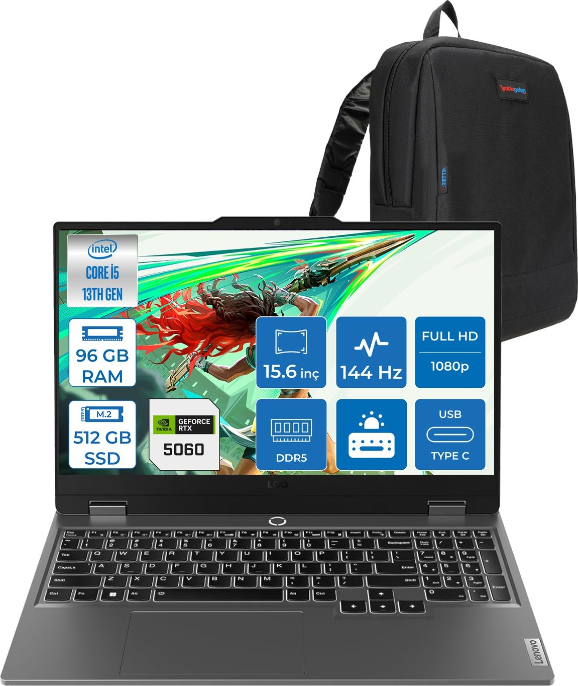 Intel Core i5, 96 GB RAM, 512 GB SSD, RTX 5060 ve sırt çantalı dizüstü bilgisayar.