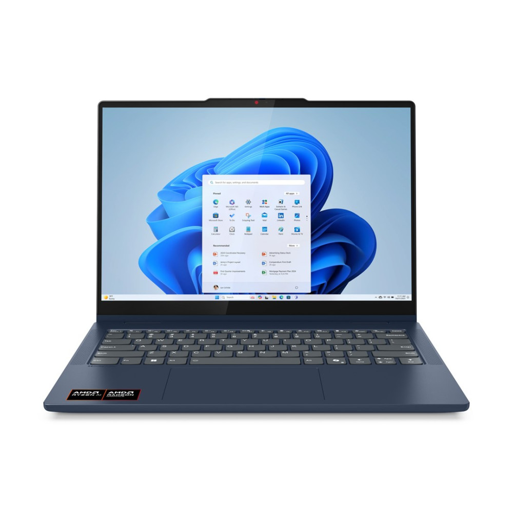 Zamknięty, ciemnoniebieski laptop wyświetla menu startowe i niebieską tapetę.