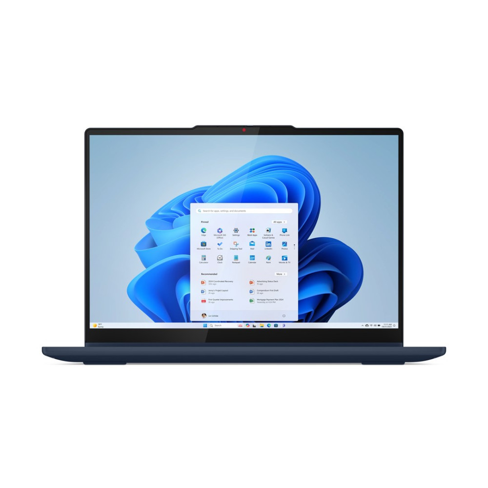 Ciemnoniebieski laptop z otwartym menu Start Windows 11 i tapetą z niebieską falą.