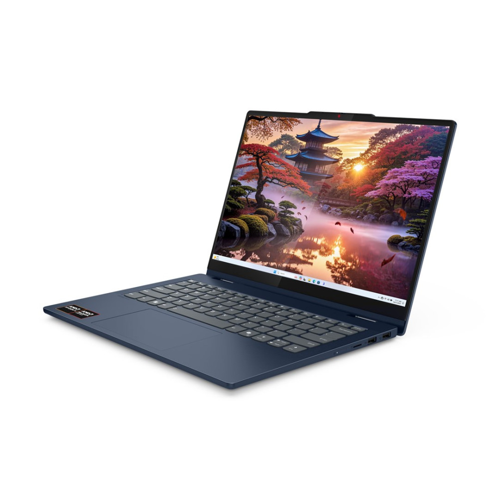 Niebieski laptop z japońskim ogrodem na ekranie.