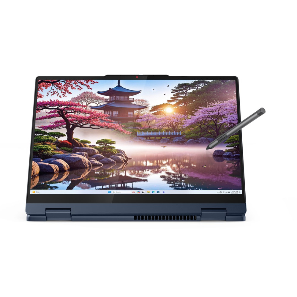 Laptop wyświetla scenę ogrodu japońskiego ze stawem, pagodą i kwitnącymi wiśniami.