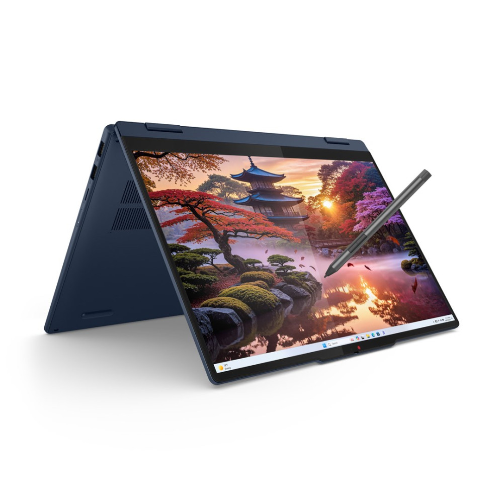 Niebieski laptop ze stylusem, wyświetla japoński ogród z pagodą o zachodzie słońca.
