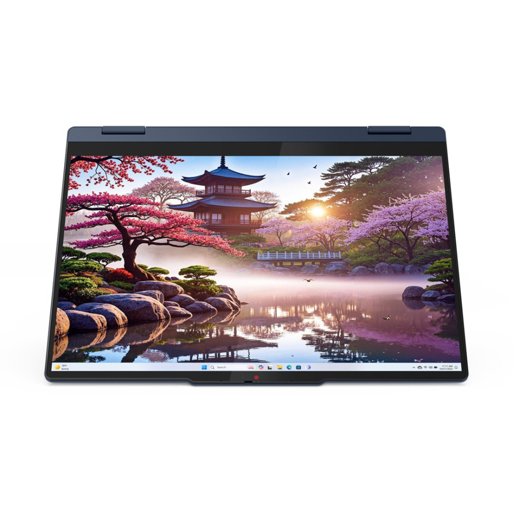 Laptop wyświetla spokojny japoński ogród z pagodą, kwitnącymi wiśniami i spokojną wodą.
