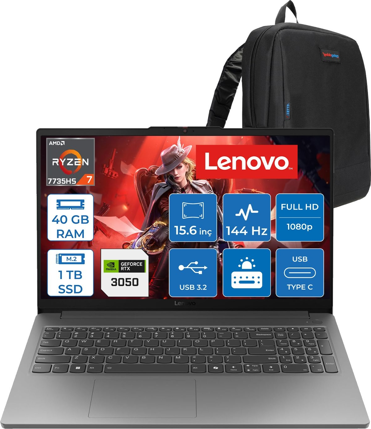 LENOVO LOQ Essential 15ARP10 RTX3050 83S00033TRF36 AMD Ryzen™ 7 7735HS 40 GB RAM 512 GB SSD 15,6 inç FreeDOS Laptop+Çanta Gri