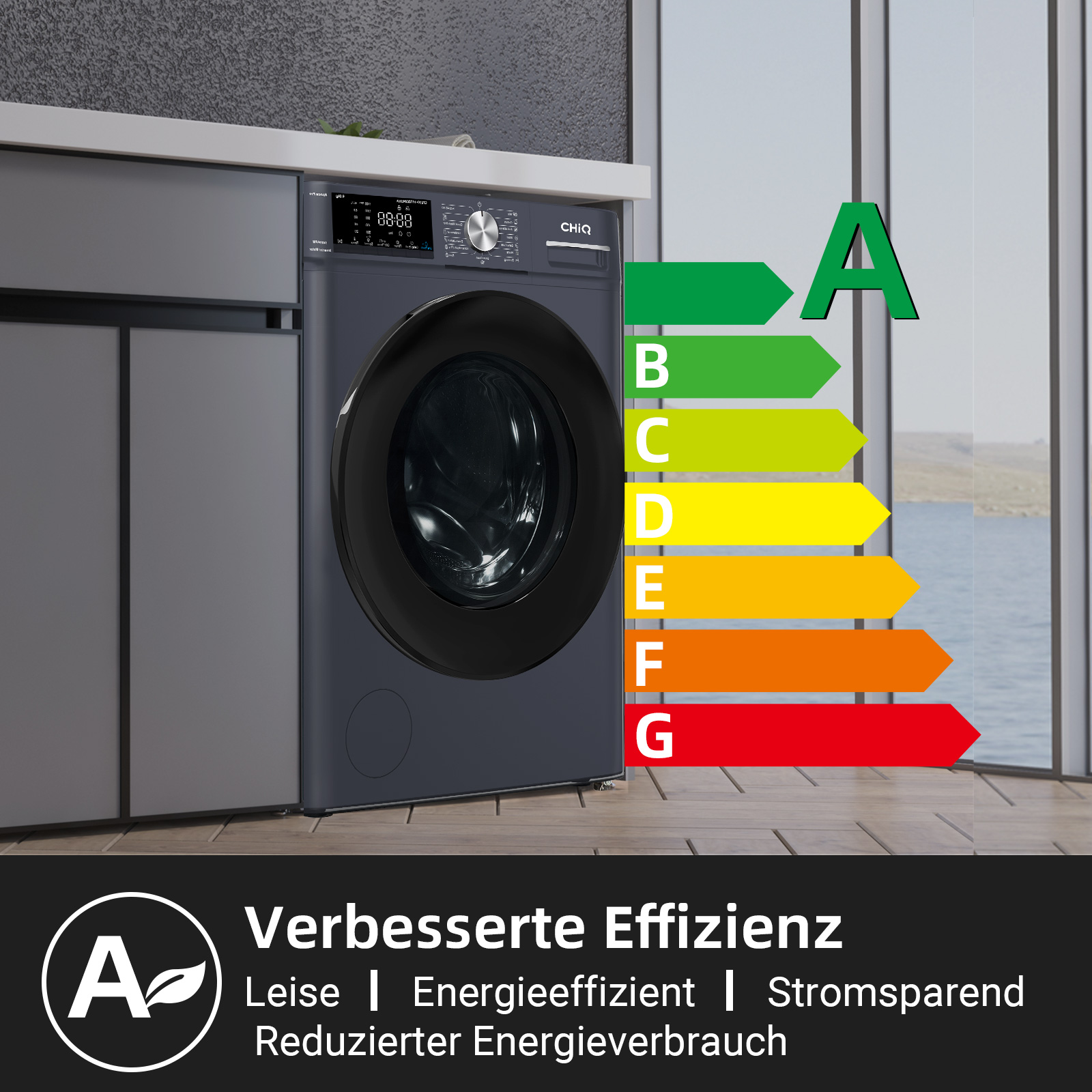 Dunkelgraue Waschmaschine mit Energieeffizienzlabel A, B, C, D, E, F, G.