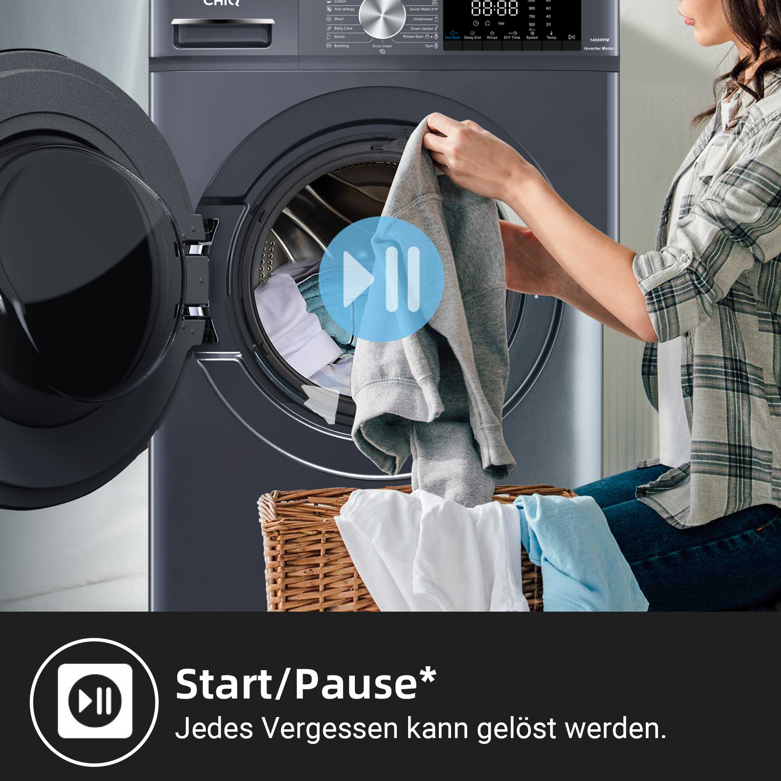 Femme chargeant un sweat gris dans une machine à laver, panier à linge à côté.