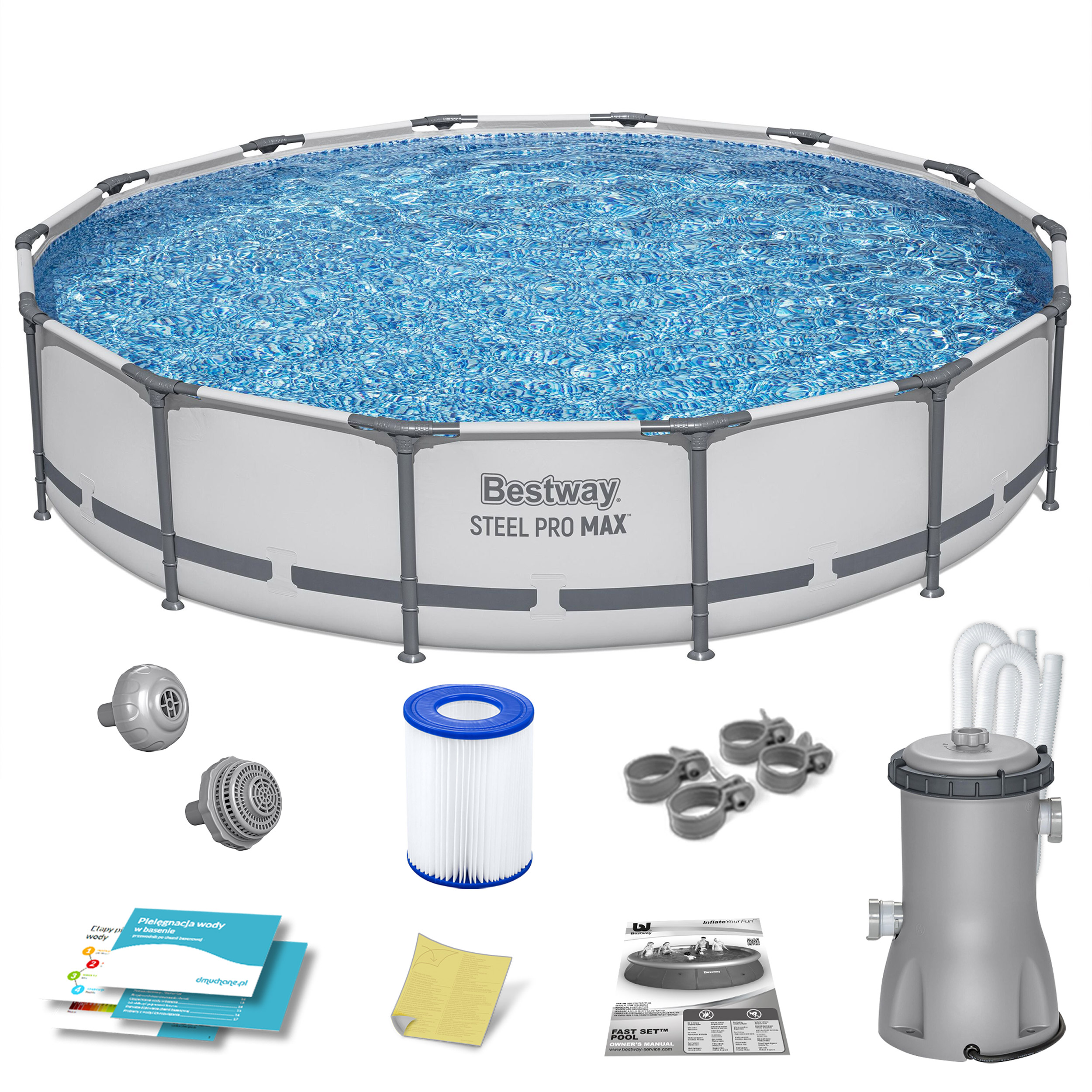 Rozstawiony basen z akcesoriami: filtr, pompa, węże, instrukcja.