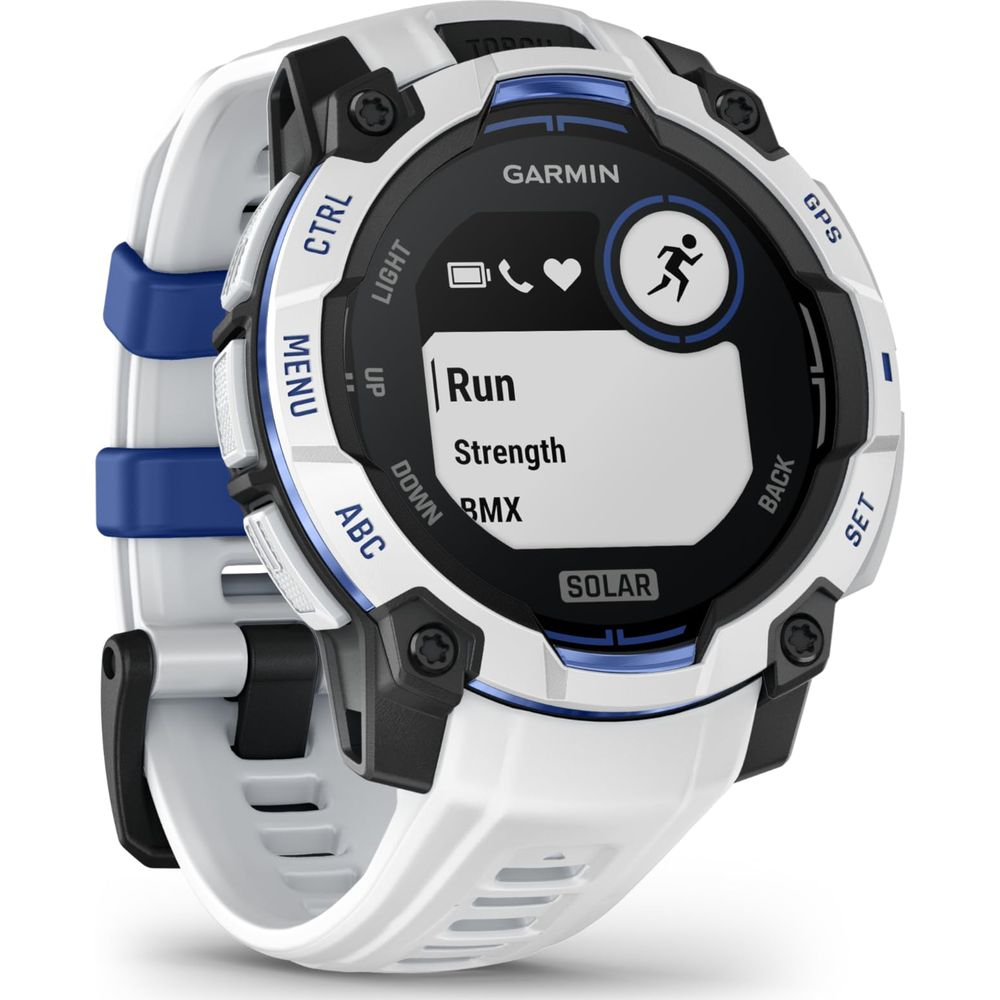 Biały smartwatch Garmin z czarną tarczą i niebieskimi akcentami.