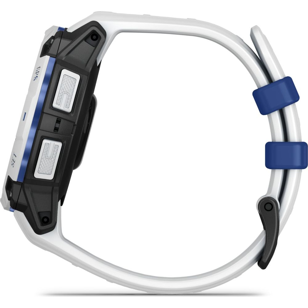 Biały smartwatch z niebieskimi akcentami i czarnymi przyciskami.