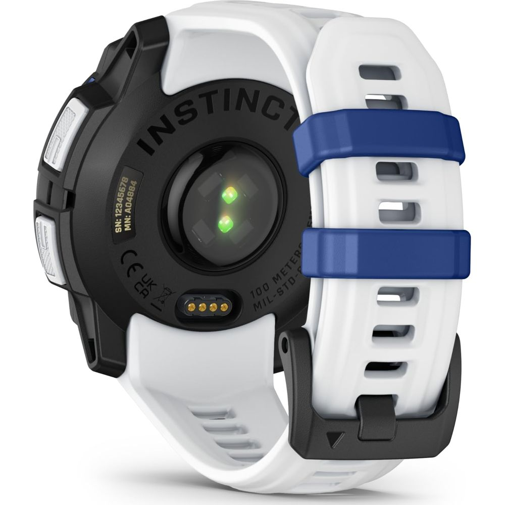 Widok z tyłu białego smartwatcha Garmin Instinct z czarną ramką i niebieskimi zatrzaskami.
