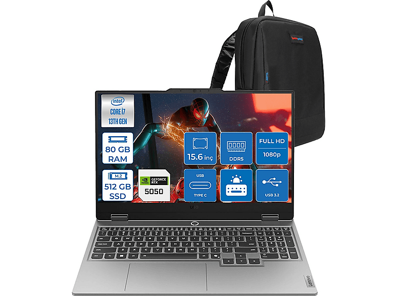 LENOVO LOQ 15IRX10 8GB/RTX5050 144Hz 83JE00KMTRF22 Intel® Core™ i7-13700HX 80 GB RAM 512 GB SSD 15,6 inç FreeDOS Laptop+Çanta Siyah