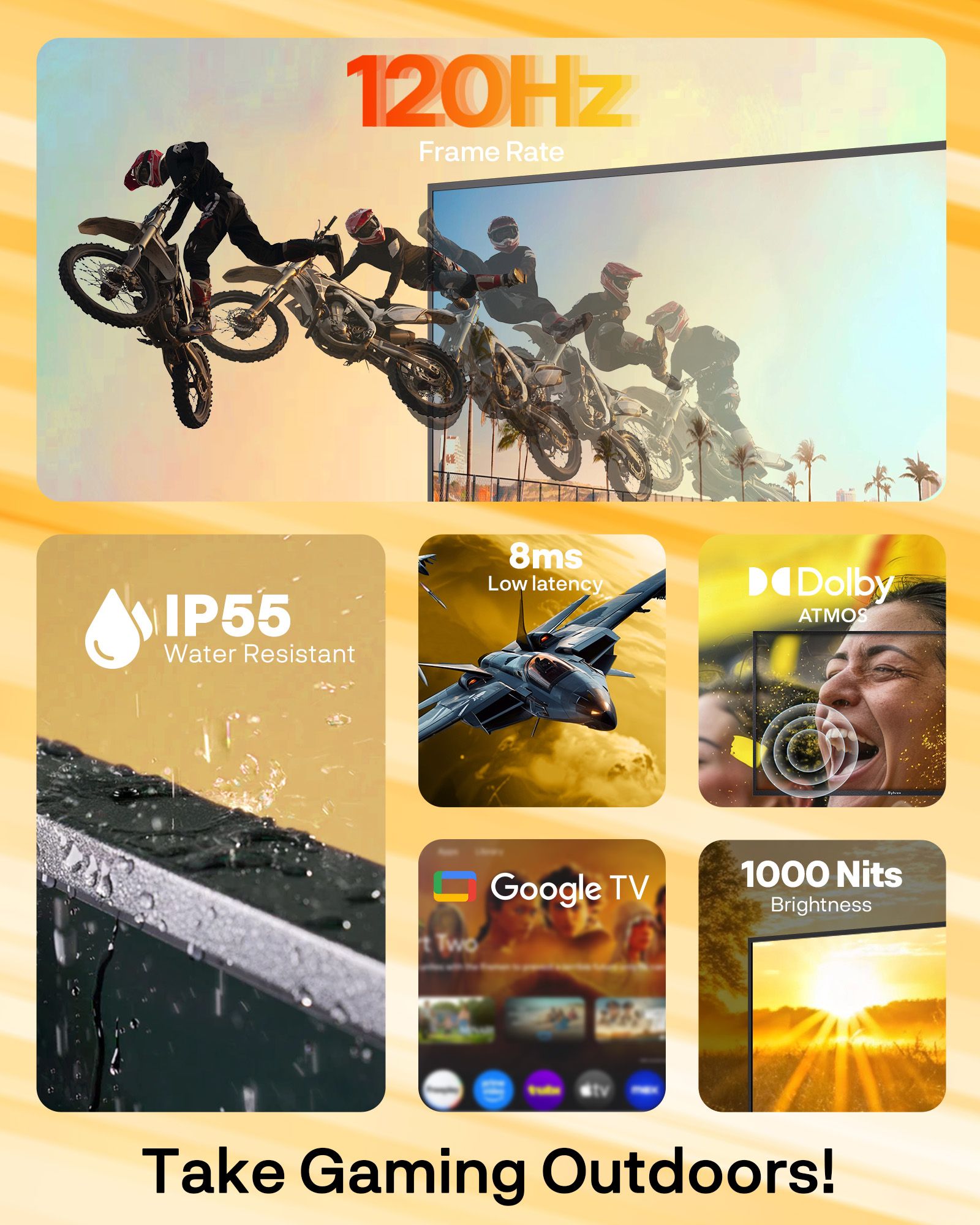 Pantalla con 120Hz, resistente al agua IP55, 8ms de latencia, Dolby Atmos, Google TV, 1000 nits.