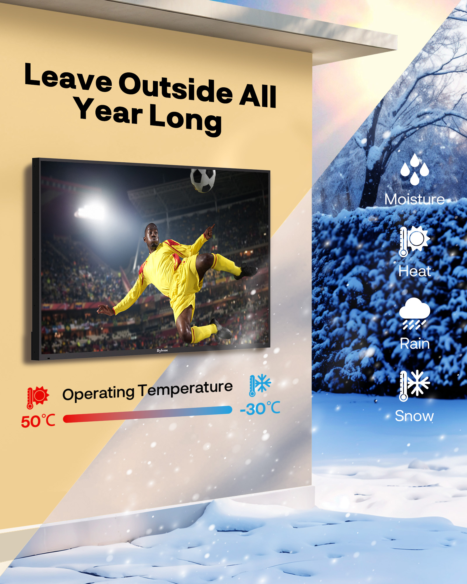 Un televisor muestra un partido de fútbol, rodeado de efectos climáticos como nieve y lluvia.