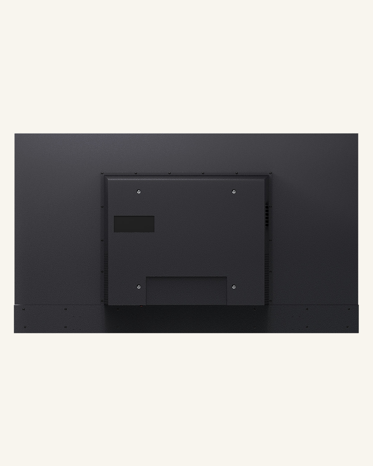 Vista posterior de un televisor negro que muestra puertos y puntos de montaje.