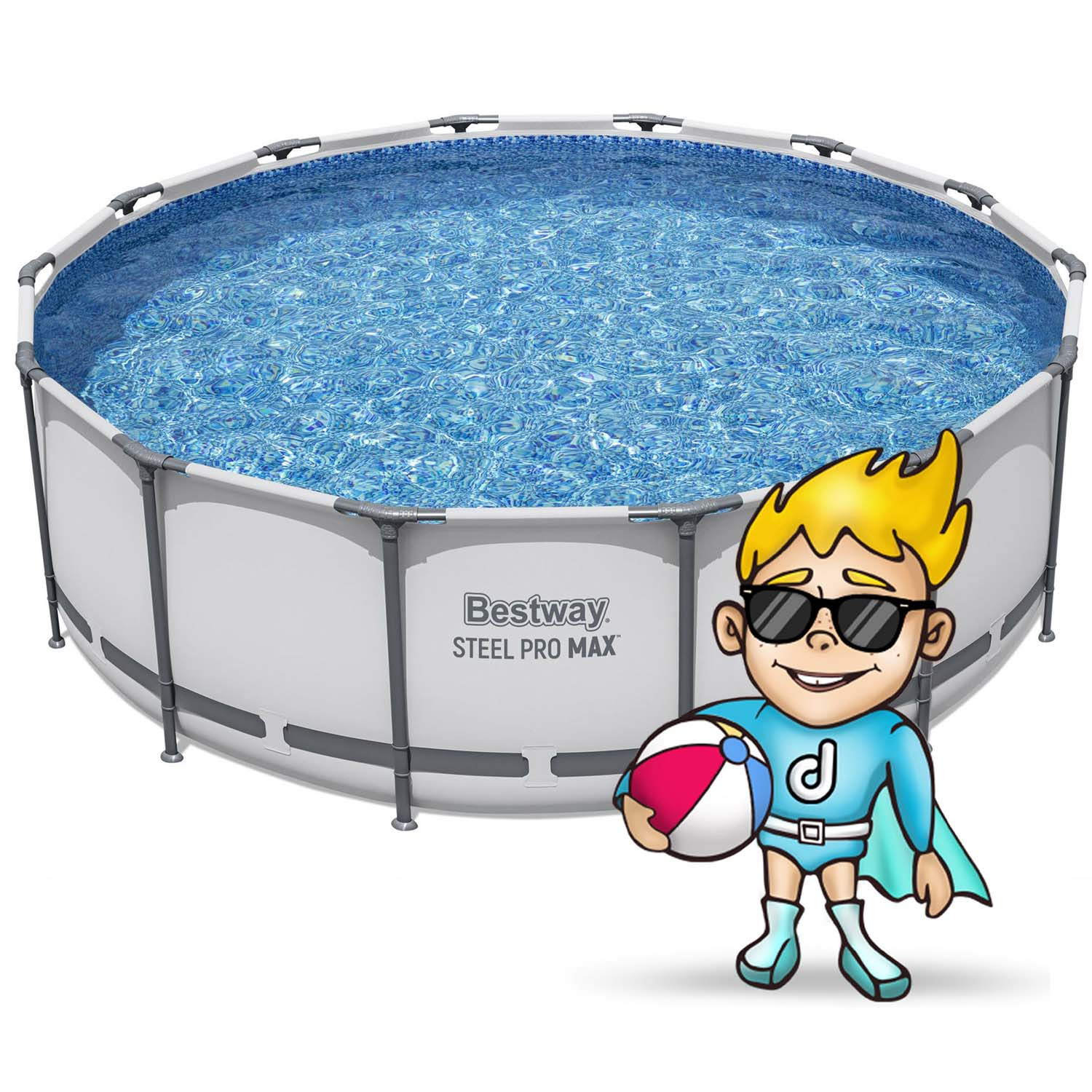 Chłopiec w stroju superbohatera z piłką przed okrągłym basenem z niebieską wodą.