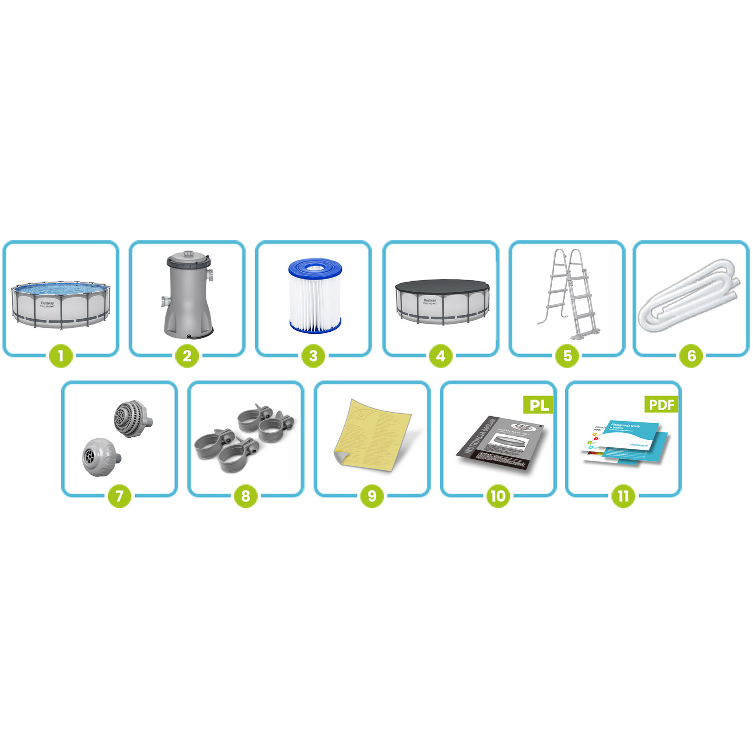 Części basenu: Basen, pompa, filtr, pokrywa, drabinka, węże, dysze, zaciski, instrukcje.
