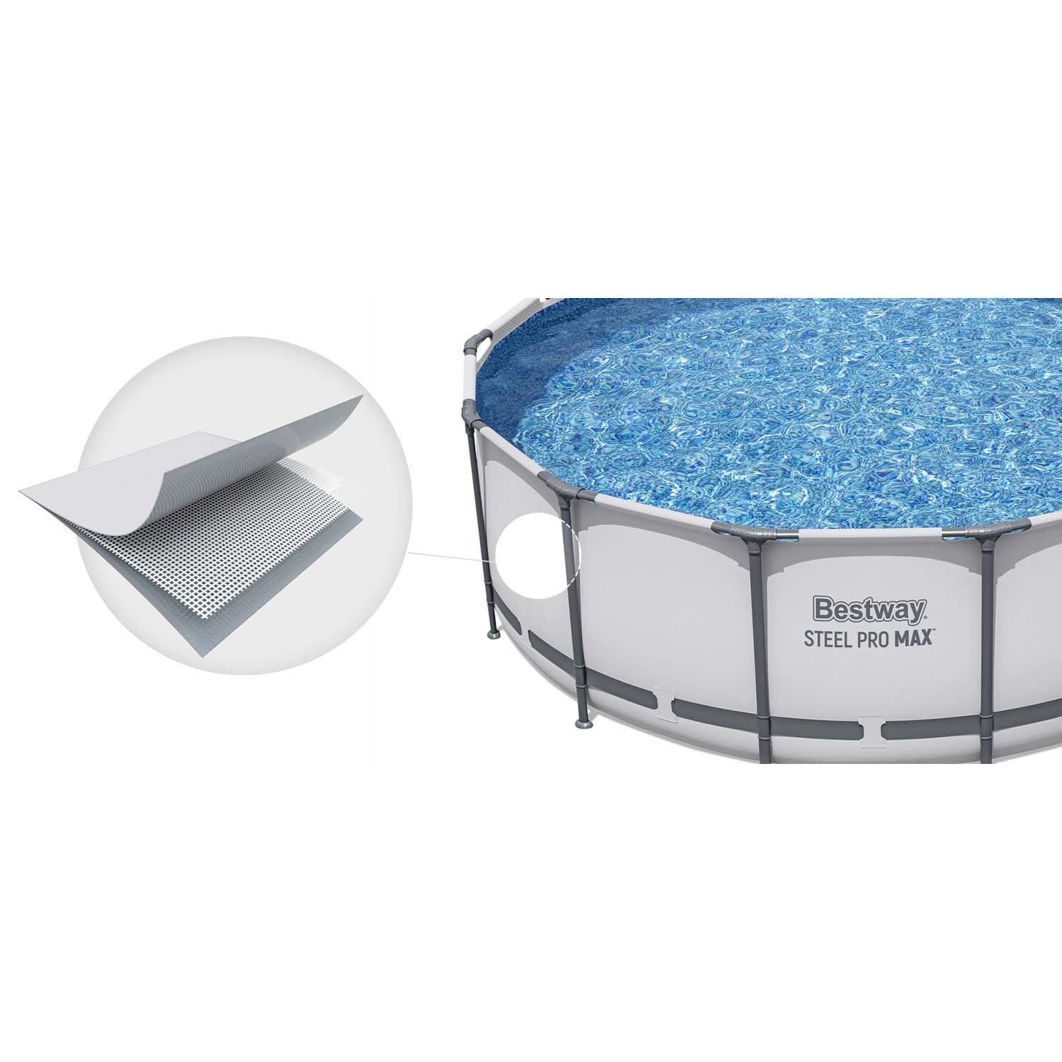 Basen naziemny wypełniony niebieską wodą, z zbliżeniem na teksturę materiału.