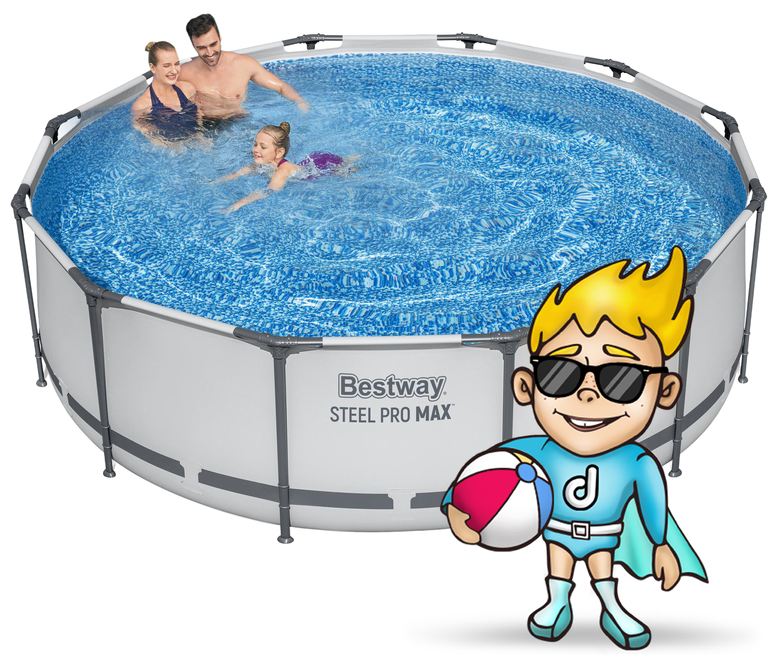 Rodzina pluska się w okrągłym basenie Bestway. Obok stoi kreskówkowy superbohater.