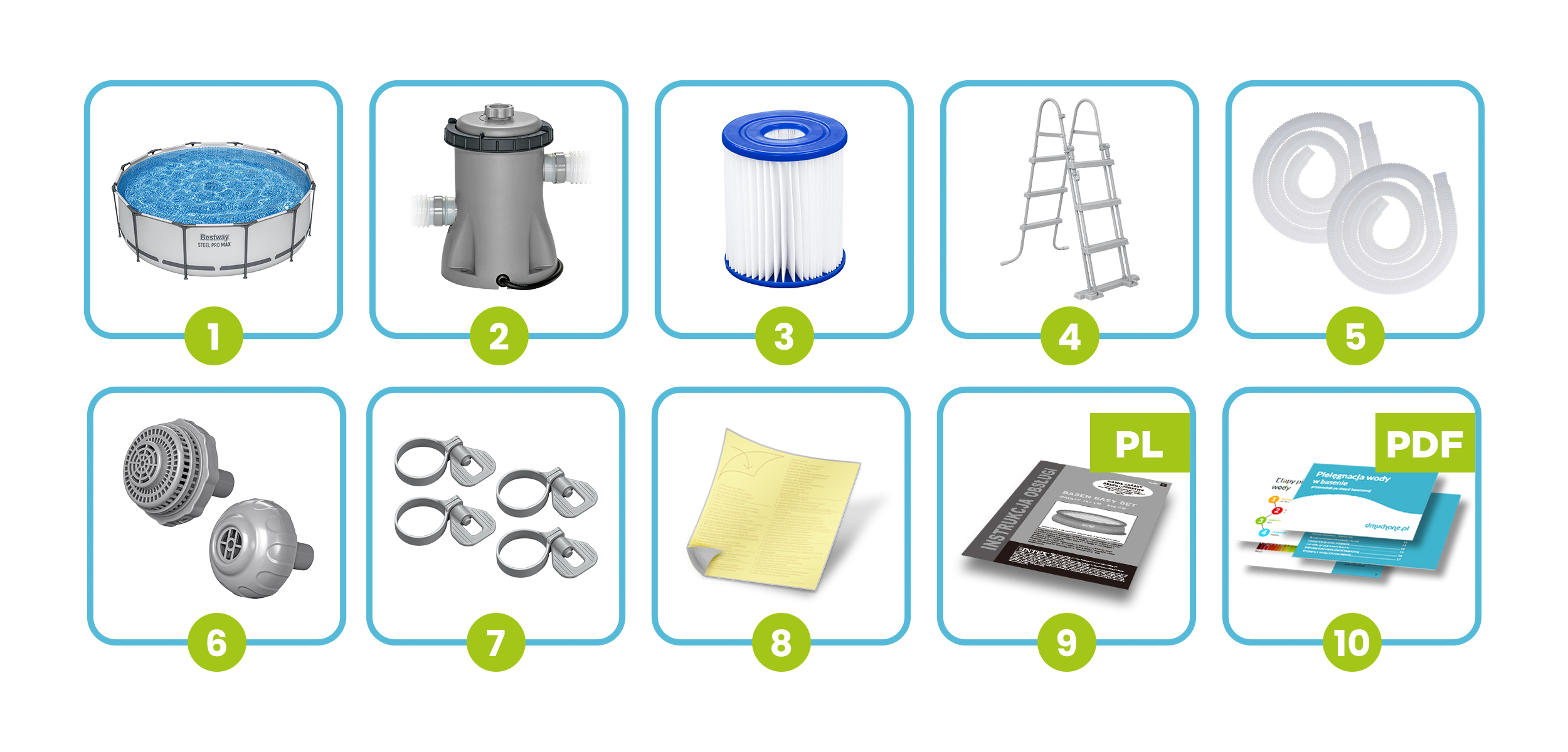 Basen naziemny z drabiną, filtrem, wężami i akcesoriami.