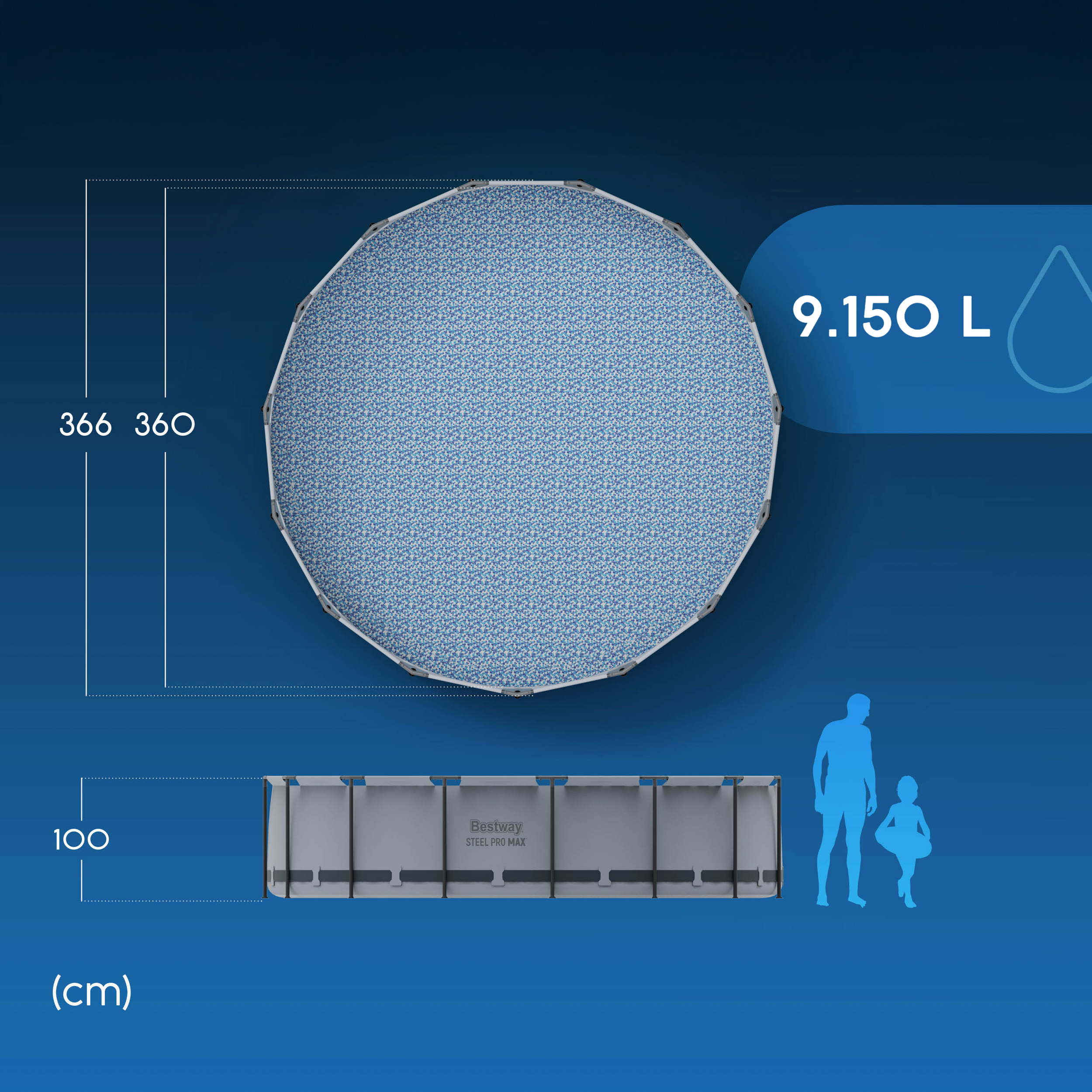 Okrągły basen z niebieskim wzorzystym wnętrzem i srebrnymi wspornikami. Wymiary pokazane.