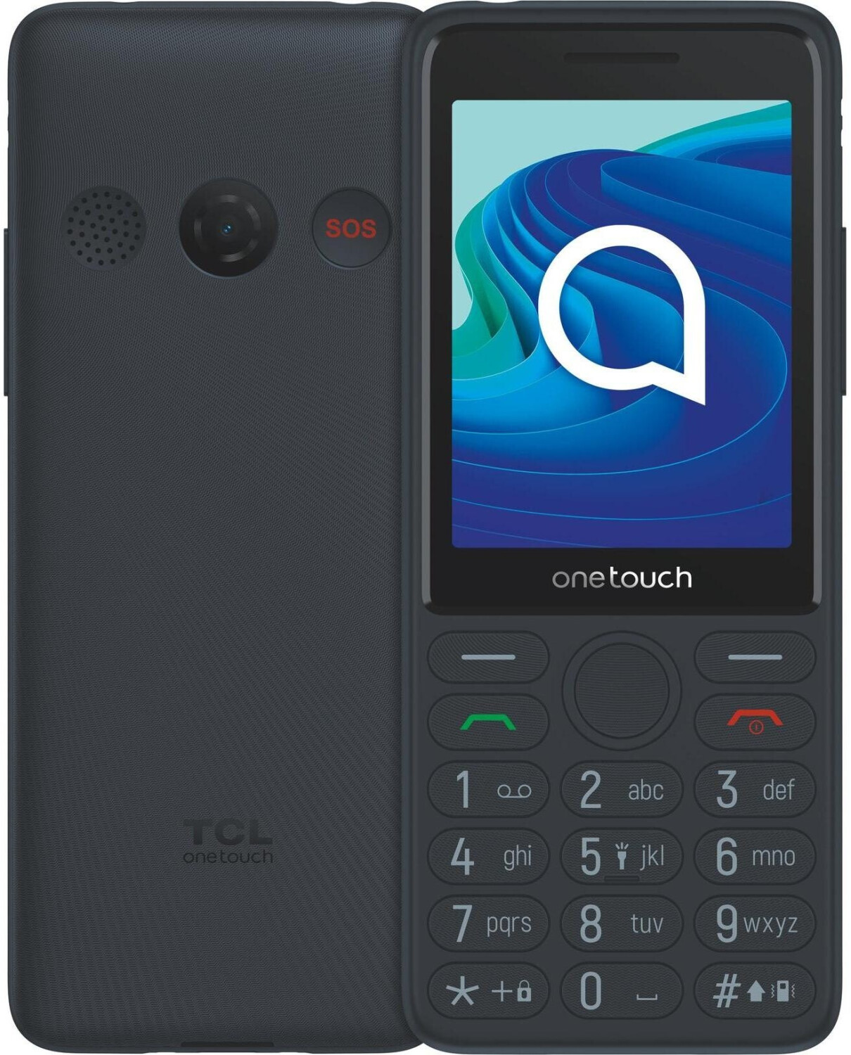 Dunkelgraues Mobiltelefon mit Tastenfeld, SOS-Taste und Kamera.
