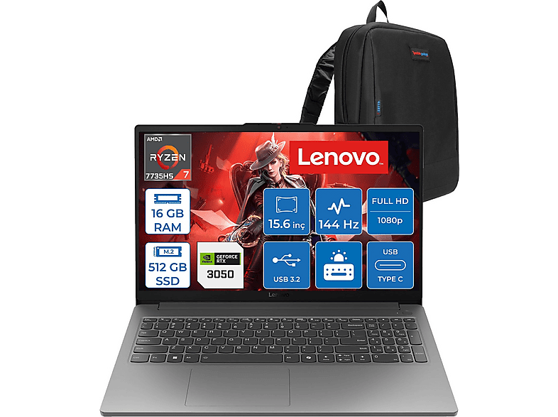 LENOVO LOQ Essential 15ARP10 RTX3050 83S00033TRF01 AMD Ryzen™ 7 7735HS 16 GB RAM 512 GB SSD 15,6 inç FreeDOS Laptop+Çanta Gri