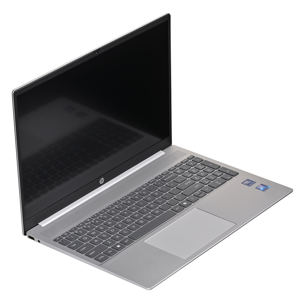 Srebrny laptop z czarnym ekranem i klawiaturą.