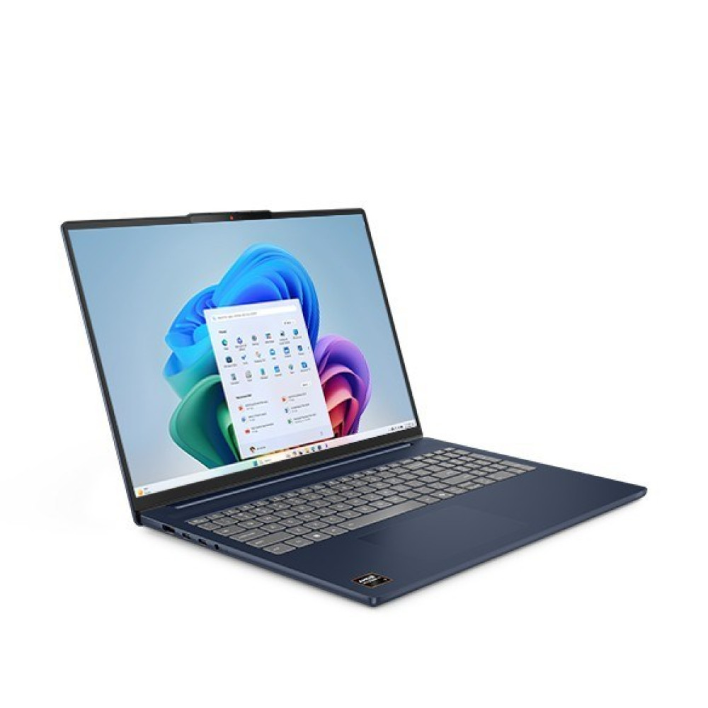 Ciemnoniebieski laptop wyświetla kolorową abstrakcyjną tapetę i menu podręczne.