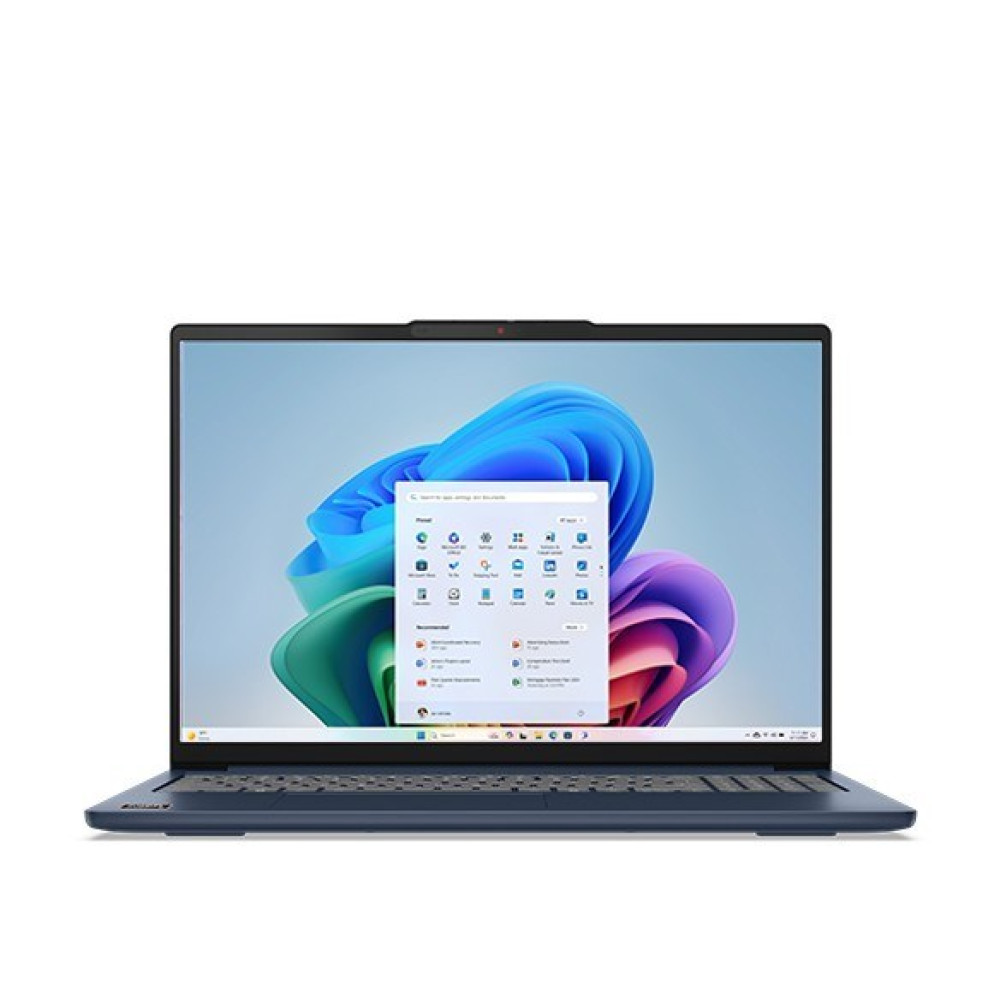 Otwarty niebieski laptop wyświetlający kolorową tapetę Windows 11.