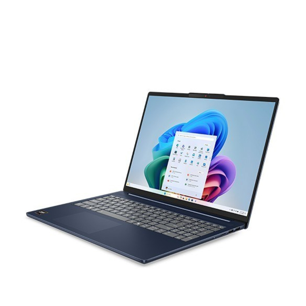 Ciemnoniebieski laptop z otwartym ekranem, pokazującym menu startowe Windows 11.