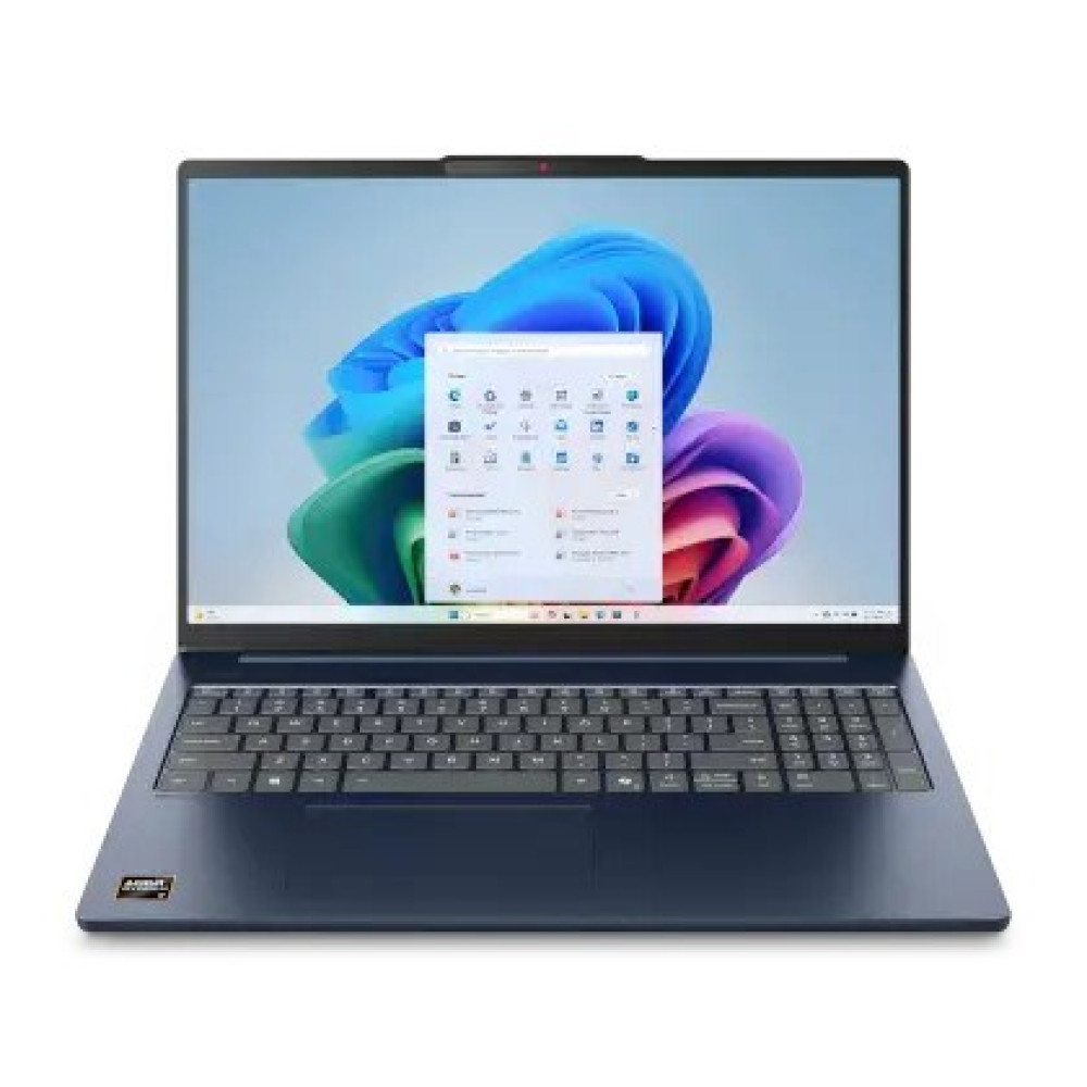 Ciemnoniebieski laptop z otwartym menu na ekranie, na białym tle.