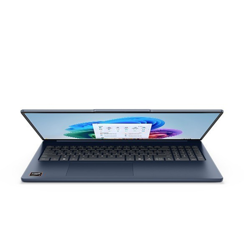 Otwarty ciemnoniebieski laptop wyświetla kolorową tapetę na ekranie.