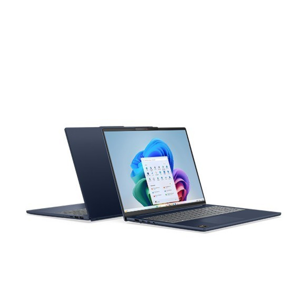 Dwa ciemnoniebieskie laptopy obok siebie. Jeden jest otwarty, wyświetla ekran.