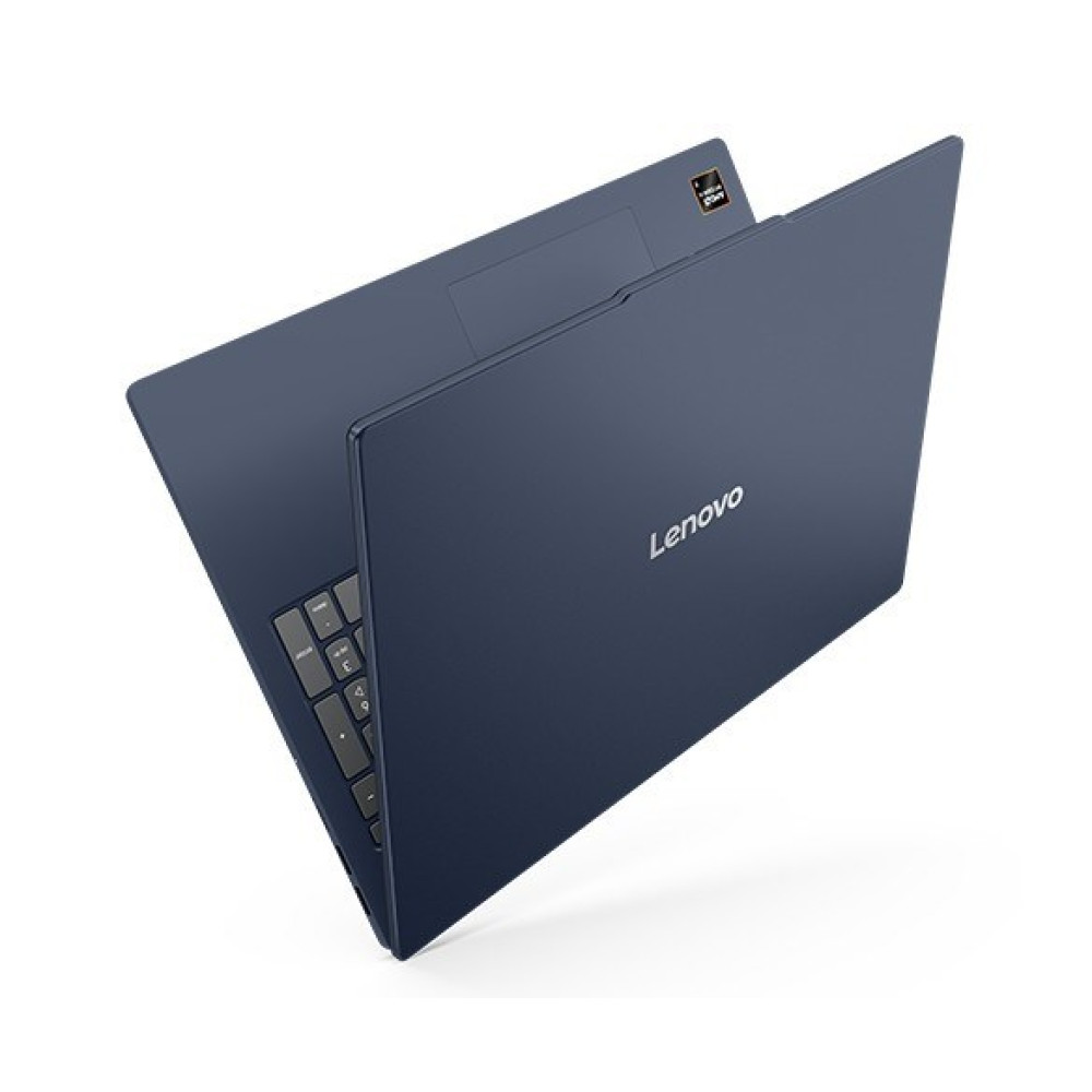 Granatowy laptop Lenovo, widok z góry, otwarty z widoczną klawiaturą.