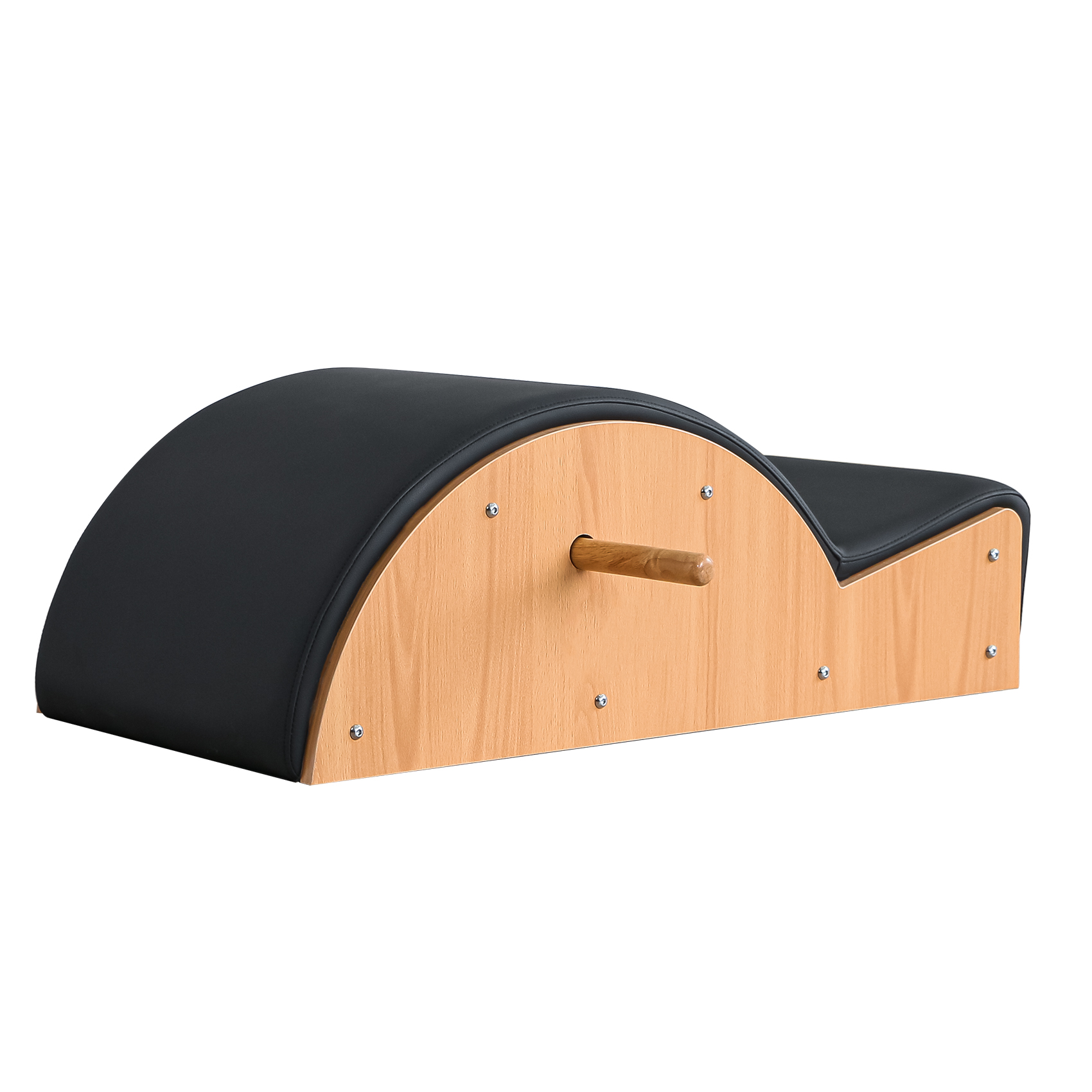 Un barile ad arco Pilates in legno nero con arco e manico in legno.