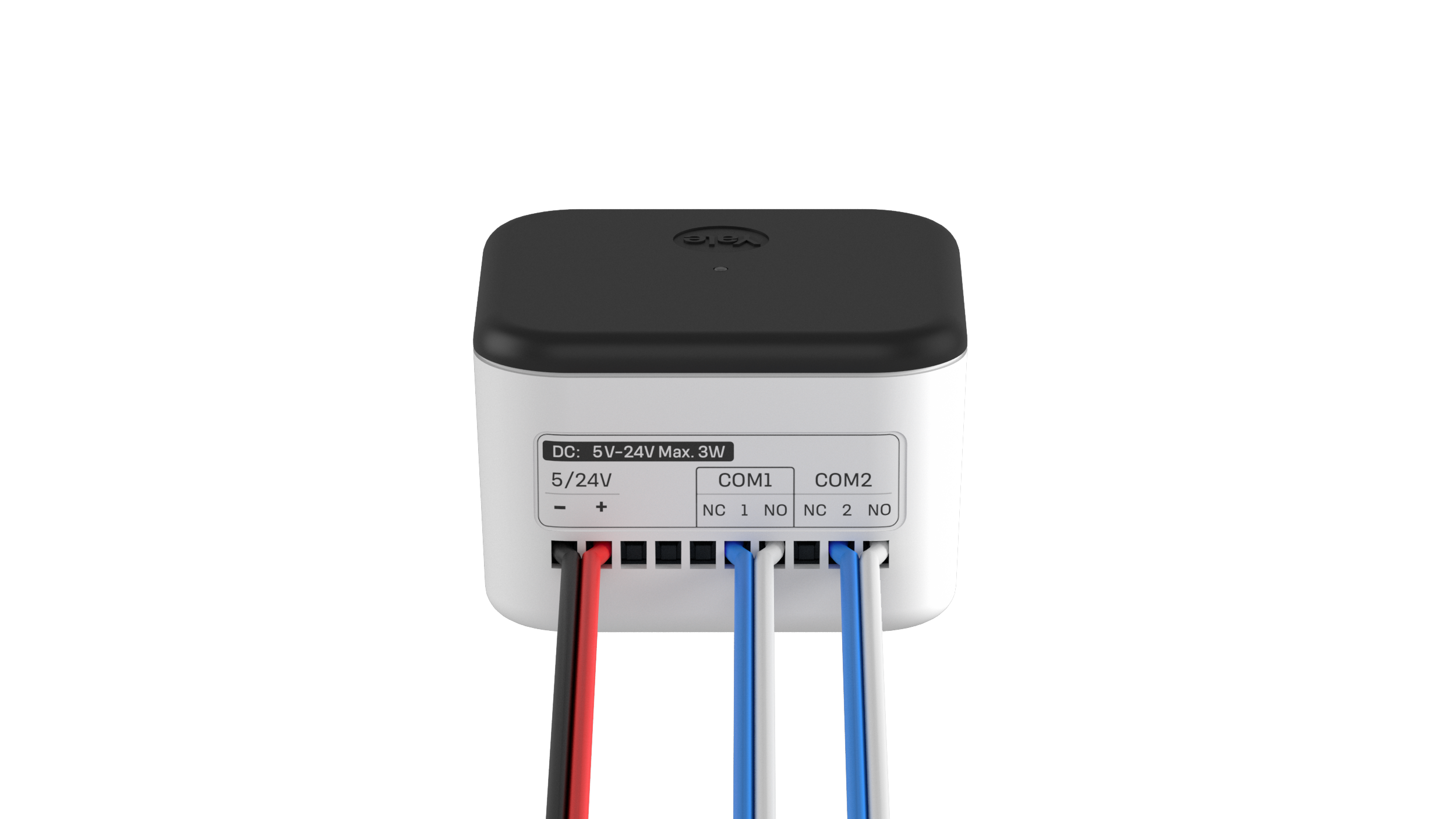 Un dispositivo blanco con tapa negra, conectado a cables rojo, negro, azul y blanco.
